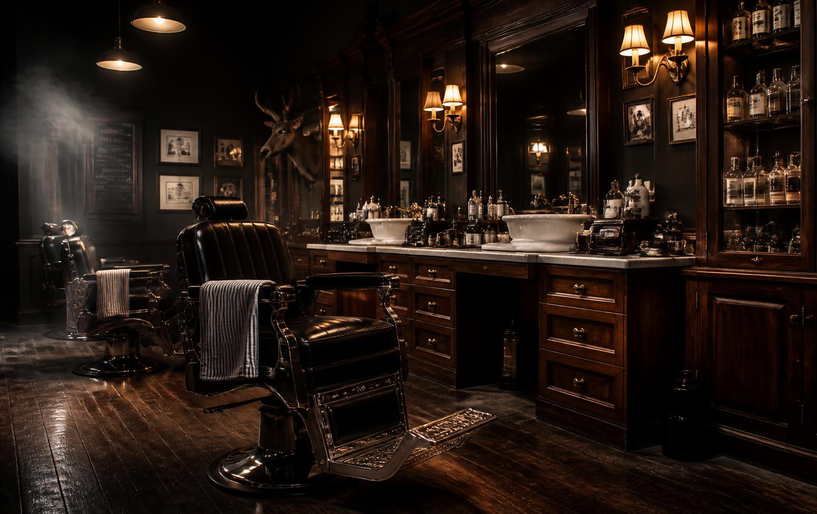 Interior of Yaseen's Barber Shop with leather chairs and warm lighting